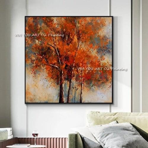 The Handmade Abstract Fall View Tree Art On Canvas Modern Nature Oil Painting For Office Decoration Home Graph Orange Forest