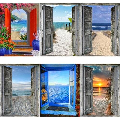 DIY 5D Diamond Painting Door Outside Landscape Diamond Embroidery Sunset Beach Mosaic Full Round Rhinestone Cross Stitch Gift