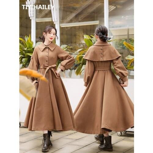 Free Shipping Boshow Long Mid-calf Winter Vintage Trench Dresses Women Outerwear S-L Lantern Sleeve Turn Down Collar Wool Khaki