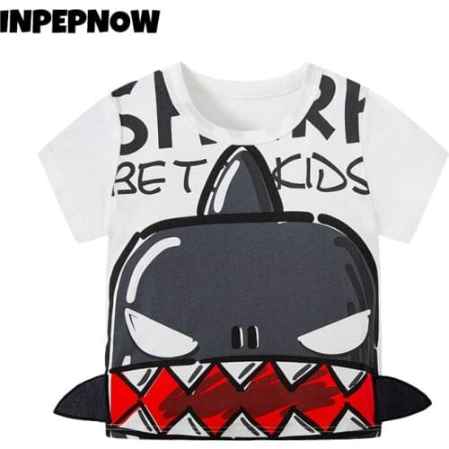 2021 Sunmmer Shark Childrens T-shirts for Girls Boys Clothes Loose Cotton New Years White Printed T-shirt Top Clothing DX007