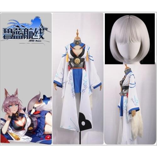 Azur Lane Cosplay IJN Kaga Costume Girl Dress Battleframe Kimono Blue Skirt Silvery Bobo Wig Tail Halloween