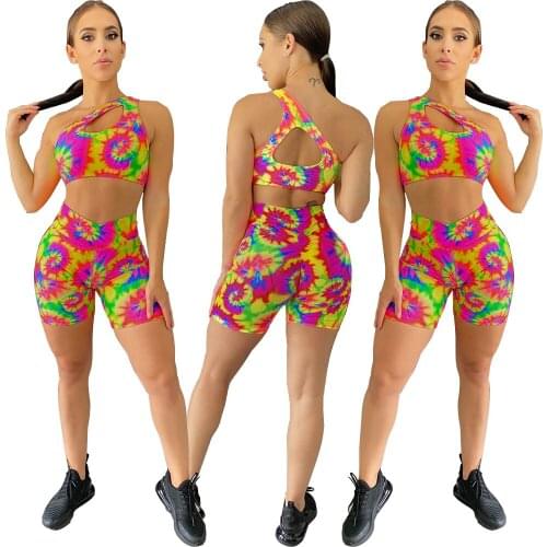 Summer New Style Womens Clothing Cute Fashion Casual Sports Tie-Dye Printed Shorts Two Piece Suit