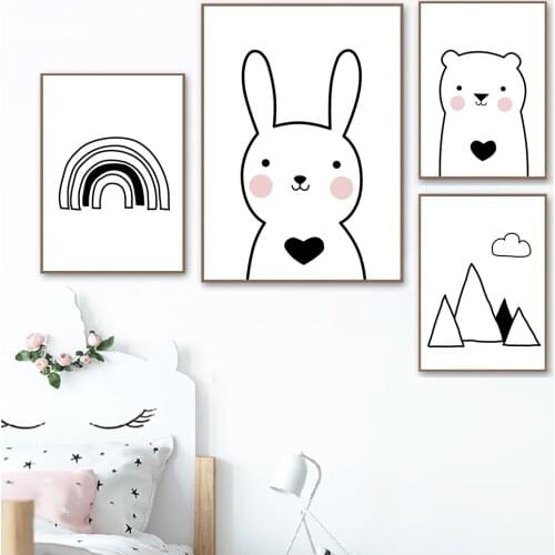 Cute Nordic Canvas Painting Cartoon Rabbit Bear Poster Playroom Black And White Simple Style Wall Art Pictures For Kids Room