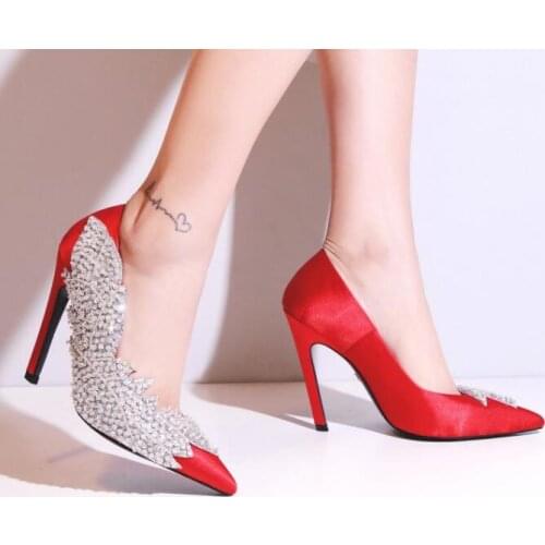 Moraima Snc Newest High Heel Shoes Woman Pointed toe Crystal Embellished Party Wedding Heels Shallow Slip on Dress Shoes