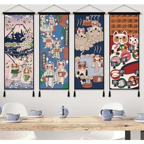 Japanese Style Lucky Cat Scroll Painting Ins Wall Art Canvas Poster Hanging Painting for Dining Room Hanging Tapestry Home Decor