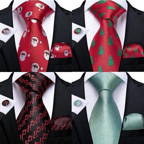 Novelty Design Christmas Men Tie Red Green Animal Tree Quality Silk Tie For Men Halloween DiBanGu Hanky Cufflink Gift Tie Set
