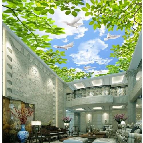 Cloud blue sky green leaf ceiling Custom 3d mural wallpaper European style ceiling Home Decoration Fresco