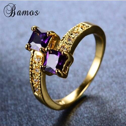 Bamos Charming Double Square Purple/Red/Black AAA Zircon Birthstone Rings For Women Retro White Crystal Yellow Gold Filled Gifts