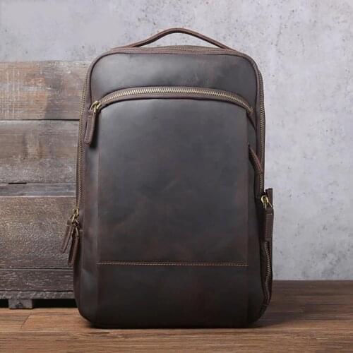 REJS LANGT Vintage Crazy Horse Leather Backpack Men Fit 14 Inch Laptop Backpacks Buisiness Office Work Travel Daypack for Male