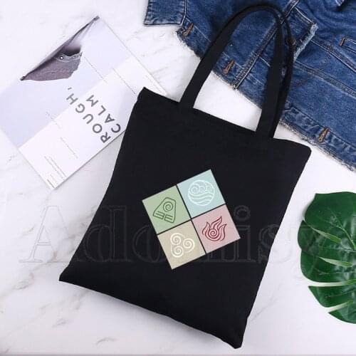 Avatar The Last Airbender Shopping Bag Print Original Design White Unisex Fashion Travel Canvas Bags Black