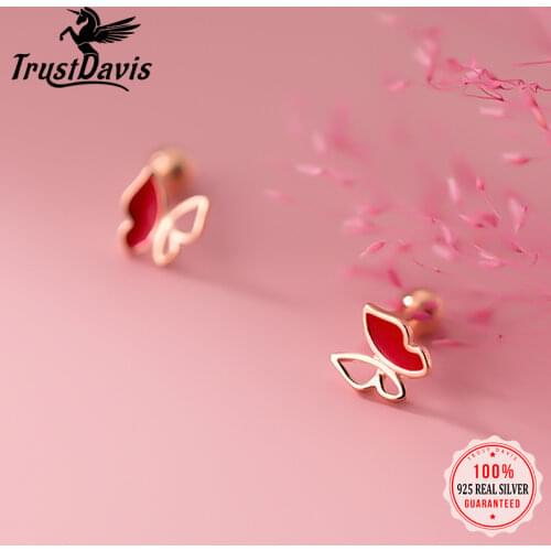 ElfoPlataSi Real 925 Sterling Silver Fashion Red Butterfly Beads Screw Stud Earrings For Women Wedding Party Fine Jewelry DD968