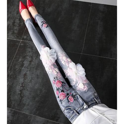 Spring Stretch Slim Women Pencil Jeans Mid Waist Floral Embroidered Casual Denim Pants Skinny Jeans Plus Size