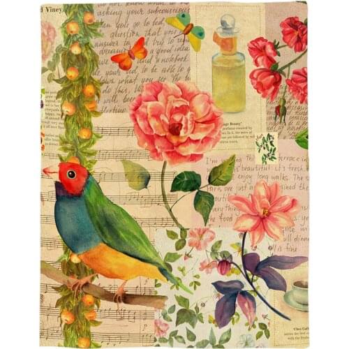 Vintage Newspaper Flower Bird Throw Blanket Portable Soft Bedspread Microfiber Flannel Blankets for Beds