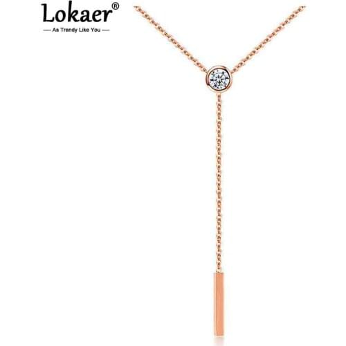Lokaer Fine Style Creative Tassel Cubic Zirconia Pendant Necklaces Rose Gold Color Stainless Steel Female Chain Necklace N17069