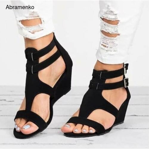 Womens Shoes Summer Women Sandals Wedge Female Sandals Platform Open Toe Ankle Straps Leather Casual Shoes Plus Size 34-43