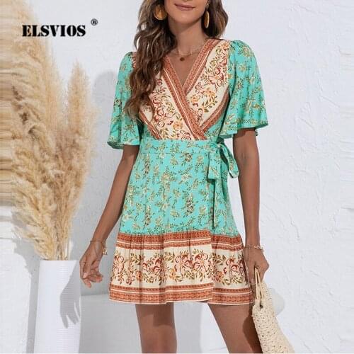 V-Neck Floral Bohemian Ruffle Dress Office Lady High Waist Bandage OL Short Dress Summer Women Casual Fashion Vintage Mini Dress