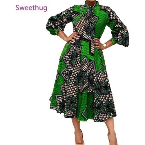 Women Printed African Dress A Line Pleated Long Lantern Sleeves Midi Length with Bowtie Collar Retro Ladies Female Robes Gowns