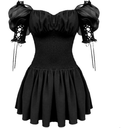 Harajuku Gothic Black Dress Streetwear Lace Up Sleeve Slash Neck Retro Vintage Mesh Summer Goth Punk Women A-Line Party Dresses
