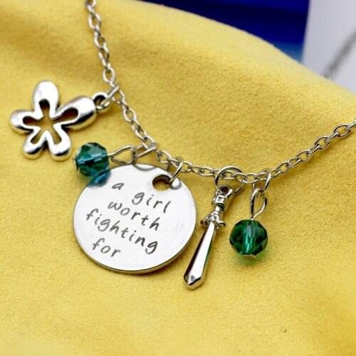 10PCS Newest Design Lettering a girl worth fighting for Alloy Pendant Necklace Jewelry Green Crystal For Girl Gift Jewelry