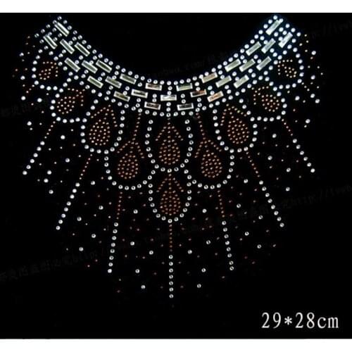 29*28cm 2 color hotfix rhinestones motif heat transfer iron on patch garment patch for women dress neckline Sweater