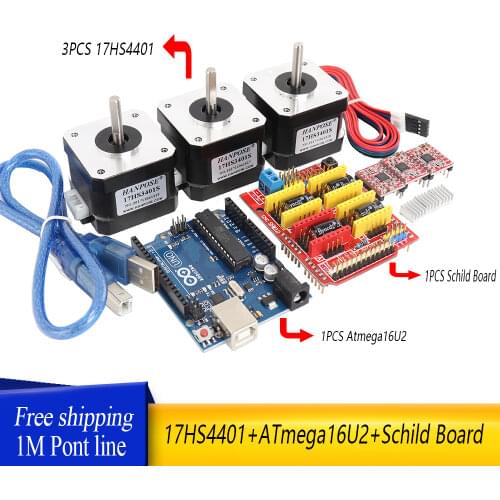 Free shipping 3PCS Nema17 Stepper Motor 17HS4401+ Shield Expansion Board + ATmega328 + 3pcs Stepper Driver A4988 for 3D printer