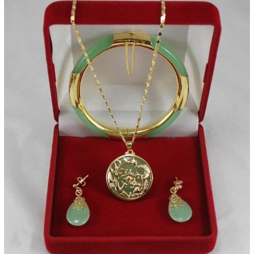 Free Shipping noble 7.5' light green Jades bracelet, earings, and fine dragon inlay pendant jewelry sets for party and wedding
