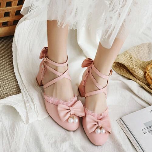 COOLULU Womens Lolita Shoes Bow Pumps Cross Strap Pumps Women Square High Heel Pumps Women Shoes Lace Pumps Pearl Size 33-43