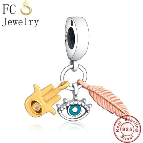 FC Jewelry Fit Original Brand Charm Bracelet 925 Silver Evil Eye Hand of Fatima Leaf Bead For Making Women Summer Berloque