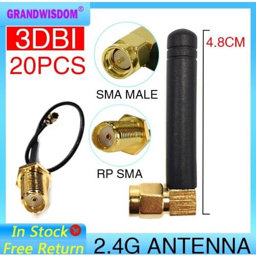 20pcs 2.4Ghz antenna Wifi 2dbi SMA Male connector white 2.4 ghz antena Router Antenna +21cm RP-SMA Male Pigtail Cable