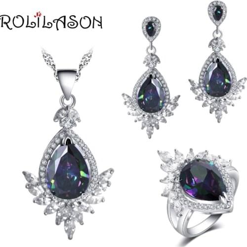 ROLILASON Crown shape water drop design silver plated multicolor Zircon For girl Earrings Necklace Rings Jewelry Sets JS764