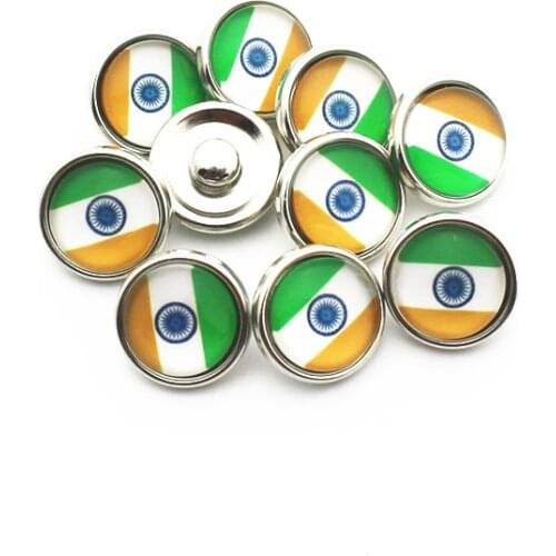 Hot selling 20pcs/lot 12mm Glass India national flag Snap Buttons Fit DIY Snap Bracelet Snap Button Charms Jewelry