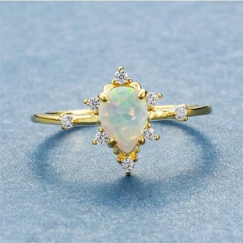 Cute Female White Fire Opal Ring Minimalist Silver Yellow Gold Water Drop Engagement Ring Promise Love Wedding Rings For Women