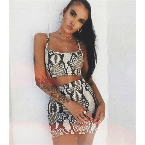 Fashion Ladies Snake Print Two Piece Set Streetwear Women Summer Sleeveless Bandage Crop Top Skirt set Party Club 2 piece set