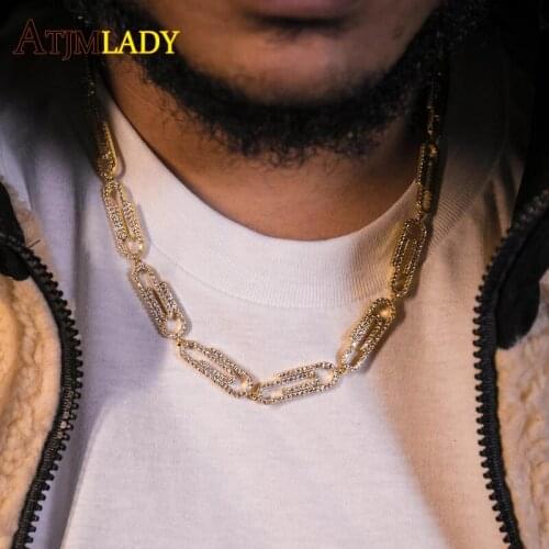 2021 New Design Iced Out Bling 5A CZ Men Boy Chain Baguette Cubic Zirconia Hiphop Paper Clip Link Chain Cool Men Boy Necklace