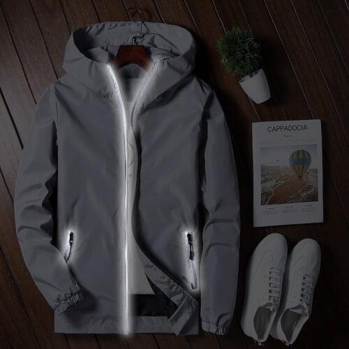 2020 mens New Luminous zipper Hooded jackets Spring autumn young people Casual thin coats male Solid color outwear plus size 5XL