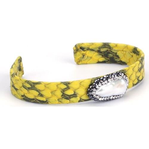 Natural Freshwater Big Pearl Bead Rhinestone Charm Jewelry Yellow Real Leather Wrap Adjustable Open Bracelet Cuff Bangle Women