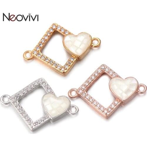 Neovivi Hollow Square Beads Heart Charm Micro Pave White Zircon Bead Lovely Charms for Jewelry Making Women Romatic Bracelet DIY