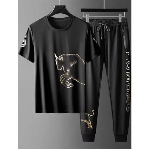 2021 mens new hot diamond short-sleeved T-shirt trousers suit summer fashion leisure sports two-piece suit