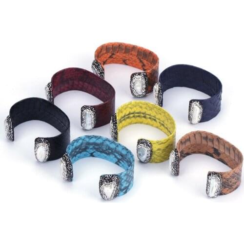 New Natural Freshwater Pearl Bead Charm Rhinestone Dark Red Blue Yellow Brown Green Real Leather Big Wide Open Bangle Cuff Women