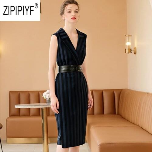2019 Autumn Fashion Women Dresses Striped Notched Neck Sleeveless Striped Pencil Dresses High Waist Office Lady Dresses Z2446