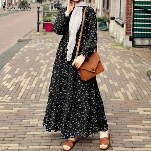 ZANZEA Women Vintage Floral Printed Muslim Dresses Long Sleeve Kaftan Vestido Ruffles Sundress Aid Mubarek Abaya Hijab Dress