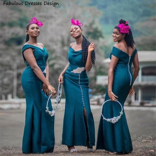 Off Shoulder Ink Blue Bridesmaid Dresses Mermaid Applique African Women Wedding Party Dress Long 2021 Button With Split