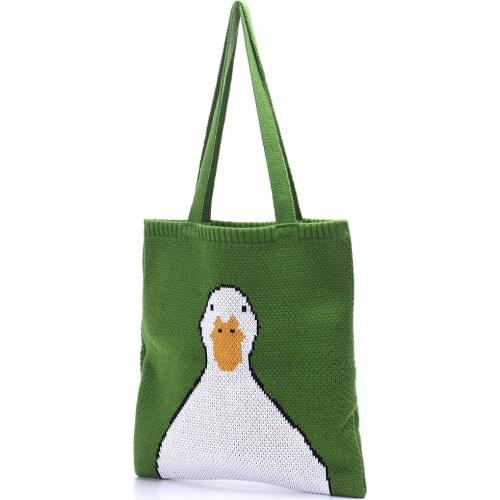 Cute Cartoon Duck Green Tote Bag Crochet Knitting Shopping Womentop-handle Shoulder Bags Female Large Capacity Soft Shopping Bag