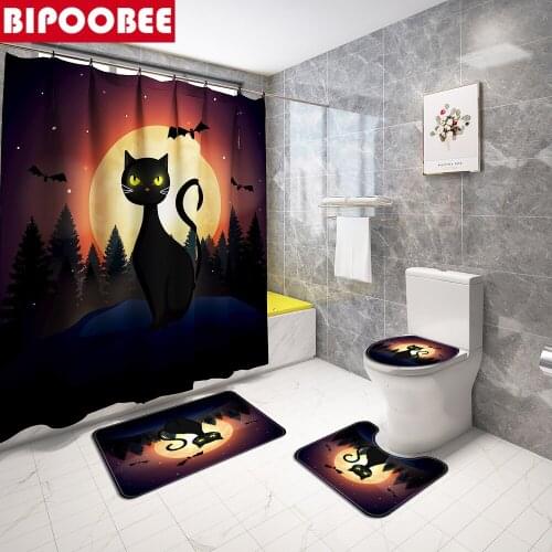 Halloween Bathroom Curtains Set Dark Cat Print Shower Curtain Durable Pedestal Rug Toilet Cover Home Non Slip Carpet Bath Mat