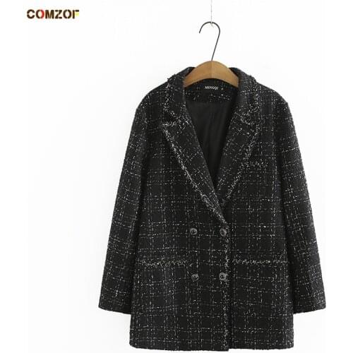 Women Tweed Blazer Plaid Long Sleeve 2021 Autumn Winter Coats Chic Elegant Jackets Plus Size Loose Clothing Veste Femme XL-4XL