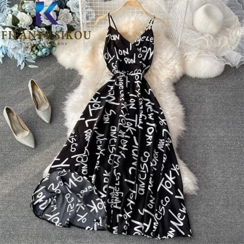 Black Letter Print Dresses Women 2021 New Summer Fashion Sleeveless Sexy Strap Dress Ladies Loose High Waist Mid Long Dress