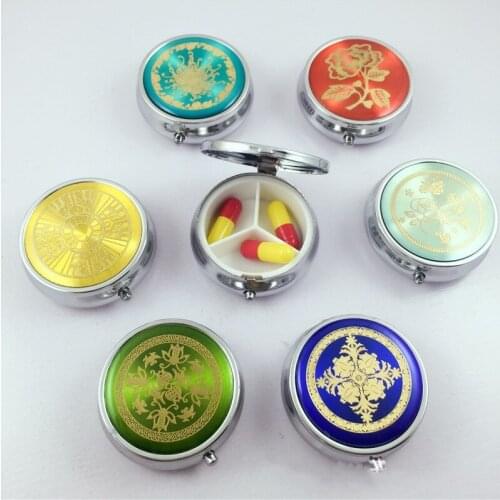 1PCS Portable Metal Round Flower Print Organizer Cute Compartment Pill Case Divid Storage Tablet Container Medicine Box