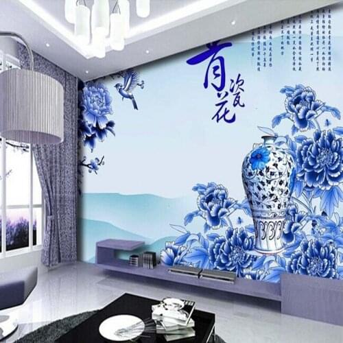 Custom 3d mural Chinese style hotel living room sofa large wall painting wallpaper blue and white porcelain wallpaper mural
