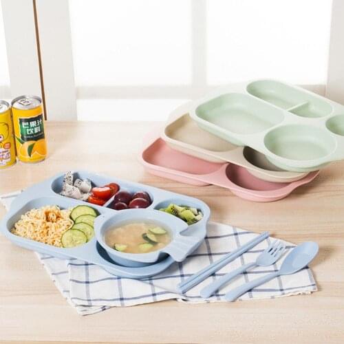 5Pcs/Set Baby Plate Wheat Straw Tray Children Kids Fruits Feeding Pratos Spoon Tableware Set