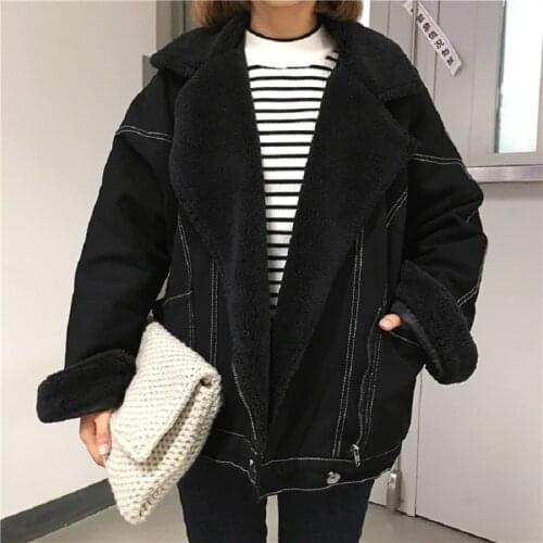 Korea new loose plus velvet thickening lamb fur coat female winter ins Harajuku vintage BF denim casual fashion women jacket